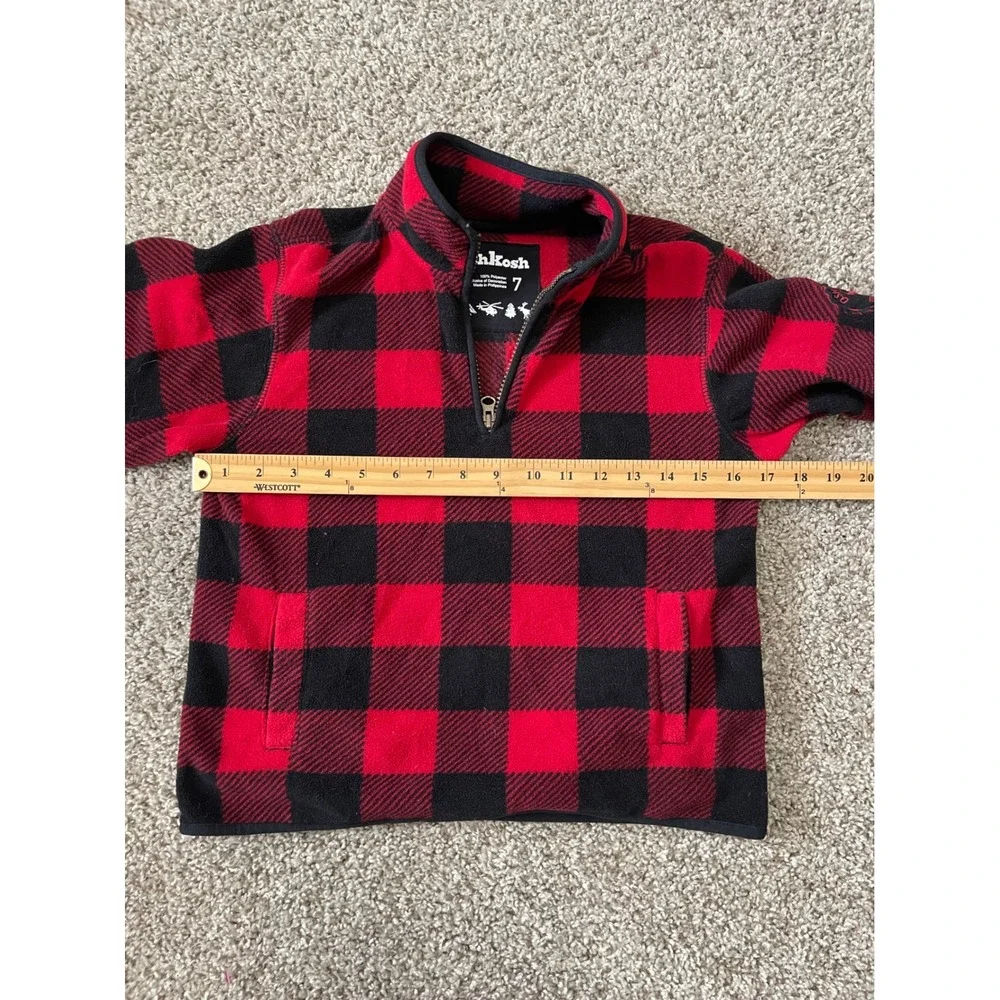 OshKosh Fleece Quarter-Zip Kids Size 7 Red Black Buffalo Plaid Excellent Trail